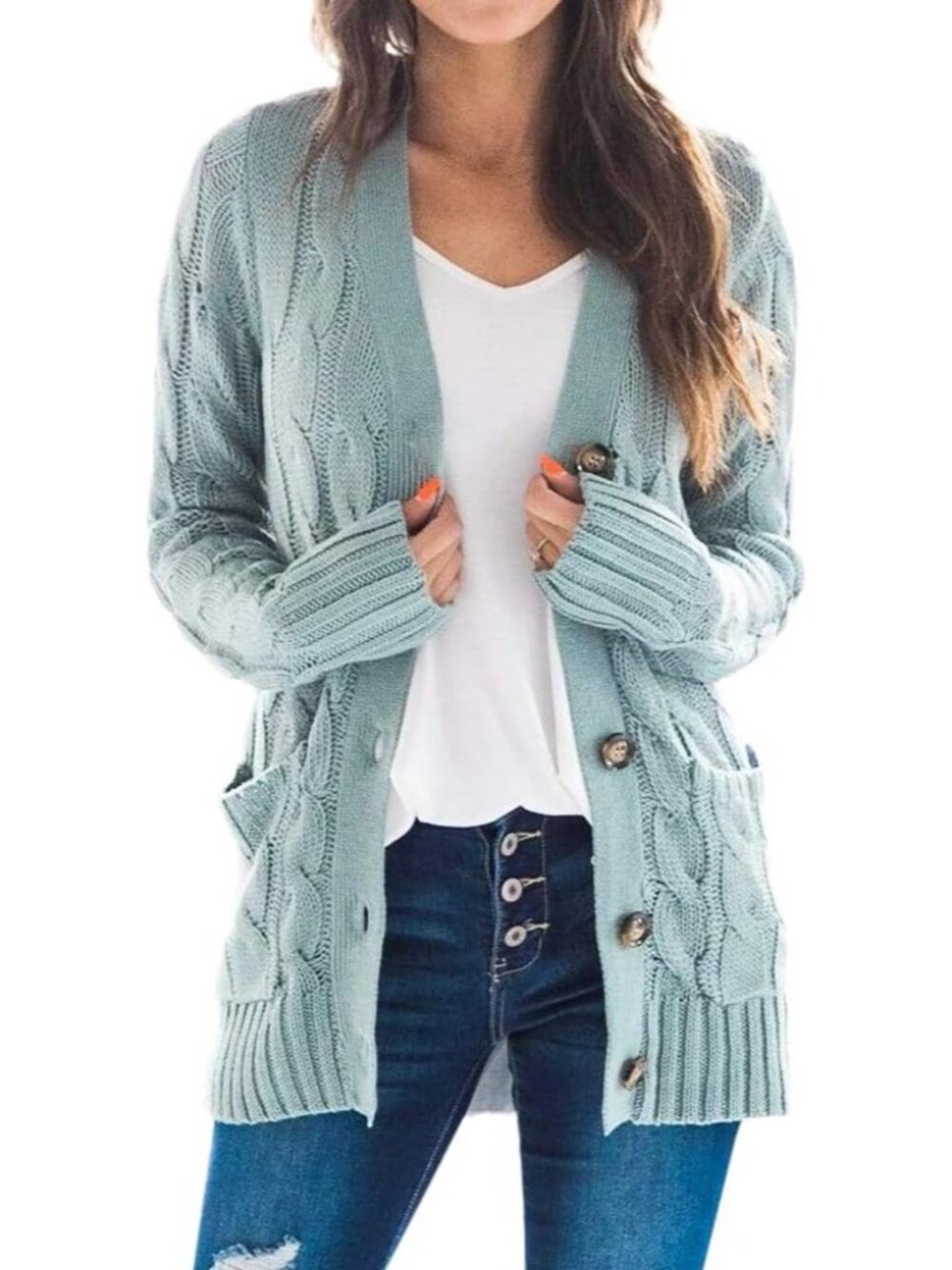 Women's Mint Cable Knit Long Sleeve Open Front Button Down Cardigan Sweaters